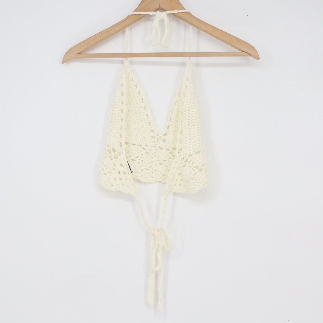 Cream Crochet Halter Top Boho Festival Bralette V-Neck Tie Back Cream Size M