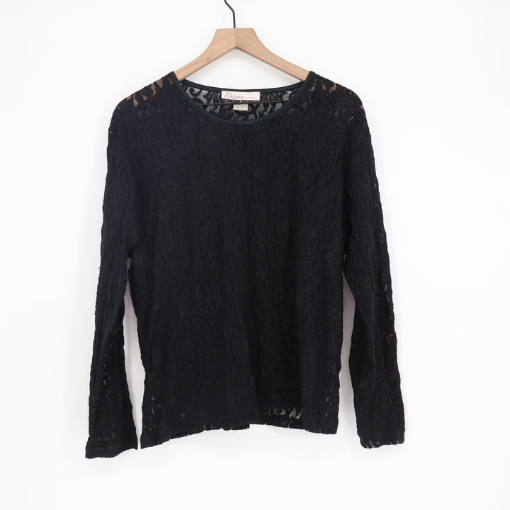 Diana Marco Top Womens 2XL Floral Lace Sheer Long Sleeve Black Vintage Excellent