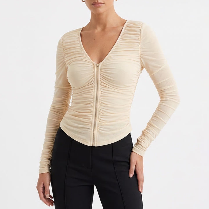 PrettyLittleThing Blouse Womens 6 Cream Stretch Ruched Detail Hook & Eye Front
