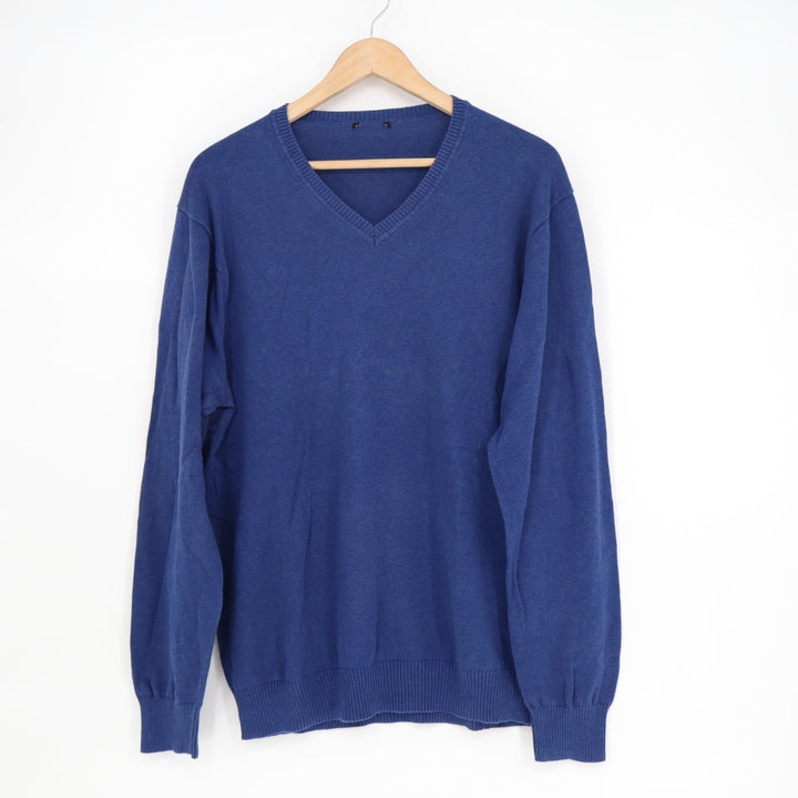 Sweater Mens Royal Blue Knitted Ribbed Long Sleeve V-Neck Pullover Streetwear