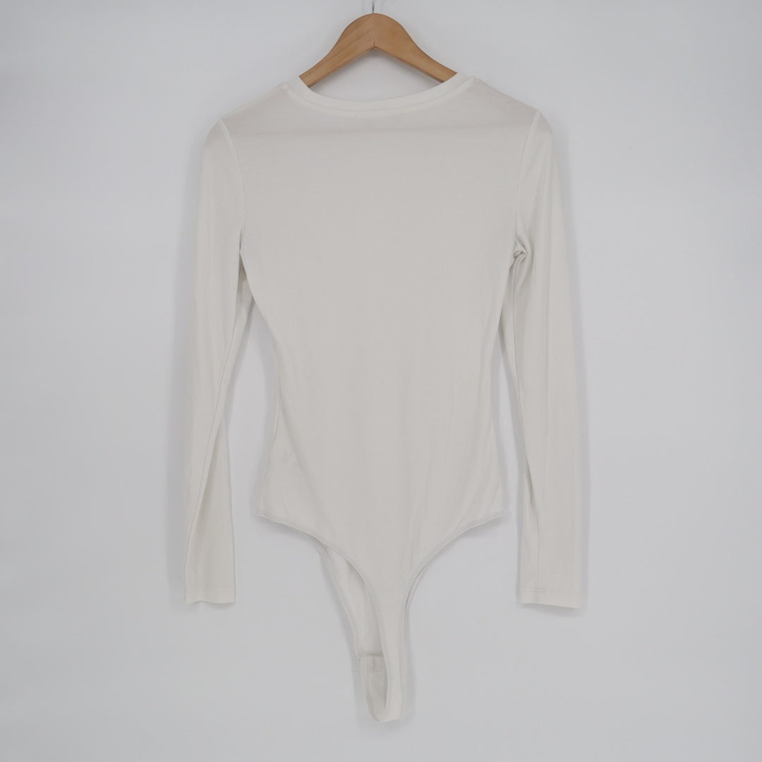 Elodie Bodysuit Womens Medium White Knitted Ribbed Casual Long Sleeve Crew Neck