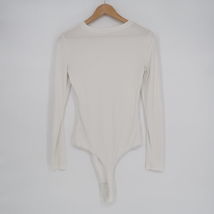 Elodie Bodysuit Womens Medium White Knitted Ribbed Casual Long Sleeve Crew Neck