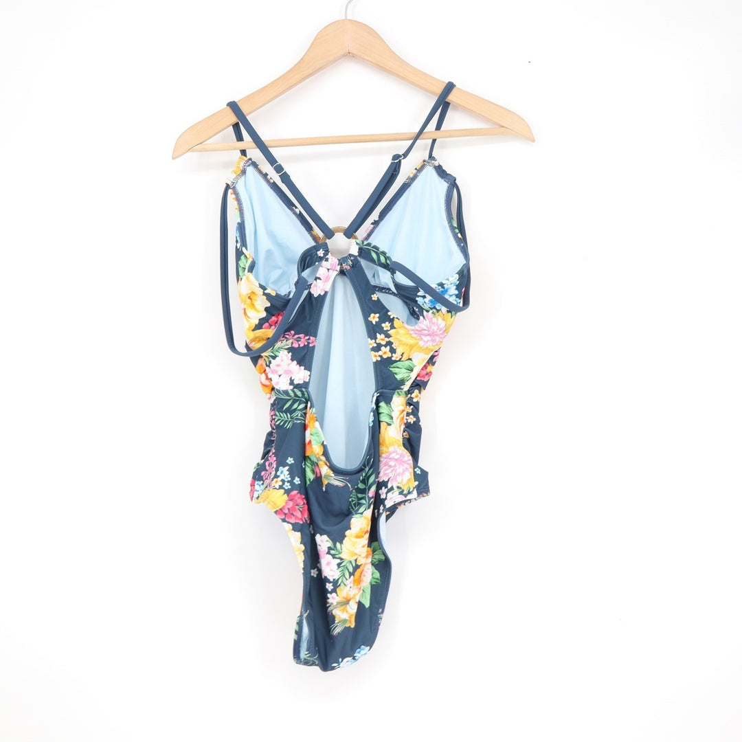 Cupshe Womens Floral V-Neck One Piece Swimsuit Navy Blue Size M