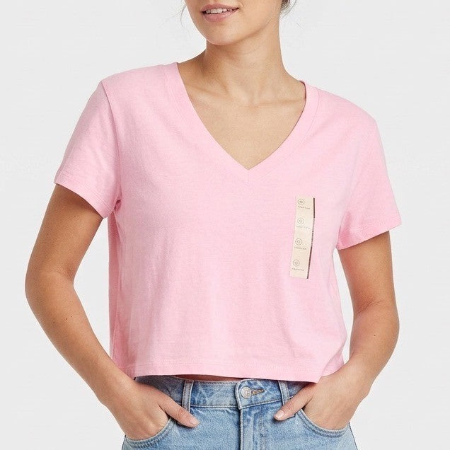 Universal Thread Shrunken T-Shirt Womens XL Pink V-Neck Short Sleeve Pullover