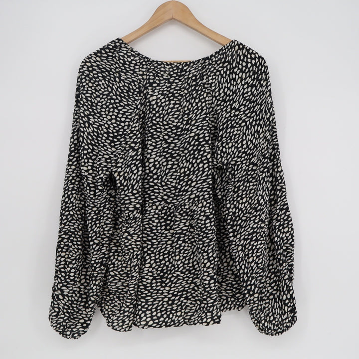 Old Navy Womens XL Black White Abstract Dot V-Neck Long Sleeve Rayon Blouse Top
