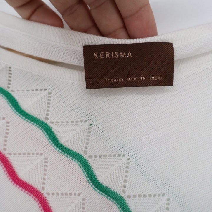 Kerisma Womens Asymmetrical White Pointelle Knit Poncho Multi Color Wavy Stripe