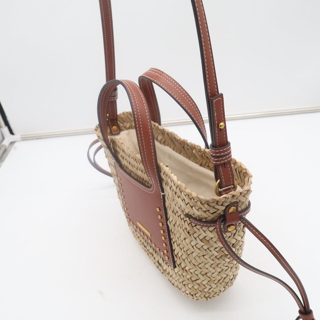 House of Harlow 1960 Woven Straw Leather Studded Basket Bag Crossbody Natural
