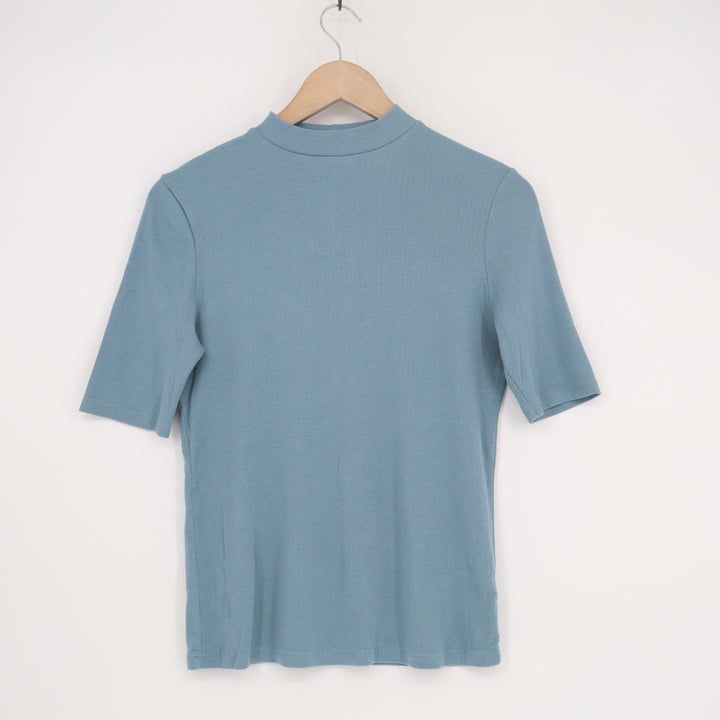 A New Day T Shirt Women Small Blue Cotton Stretch Ribbed Mock Neck Short Sleeve