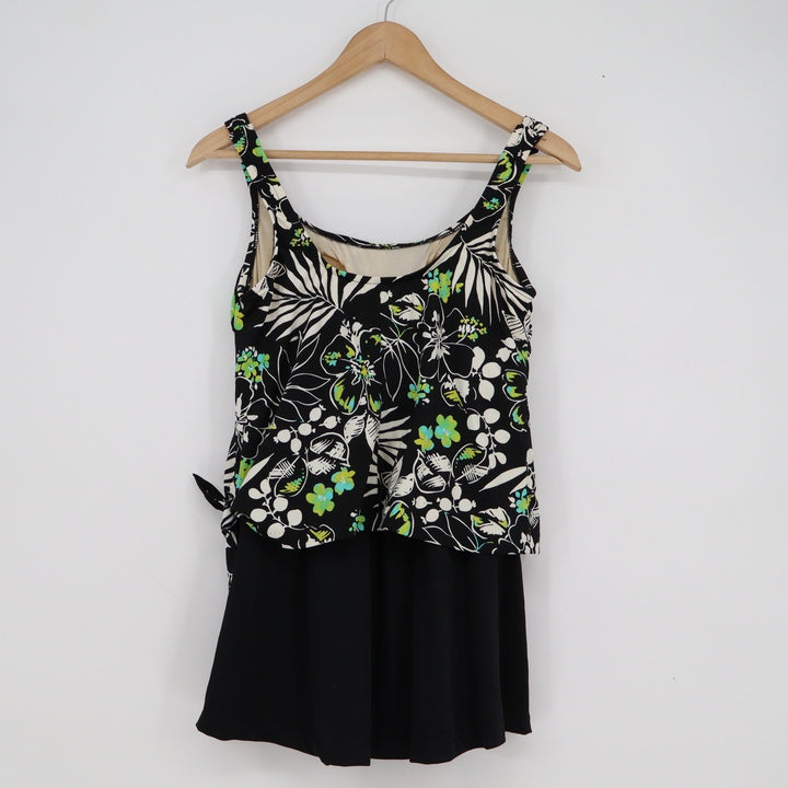 Tropical Floral Swim Dress Black Green Palm Leaf Side Tie Scoop Neck Sleeveless