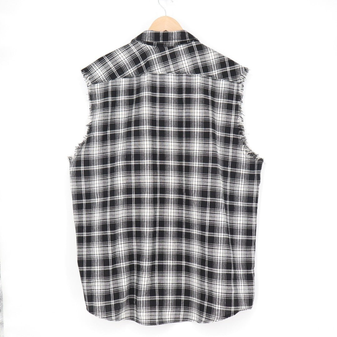Logeeyar Flannel Shirt Men XL White Black Plaid Frayed Trim Sleeveless Button Up