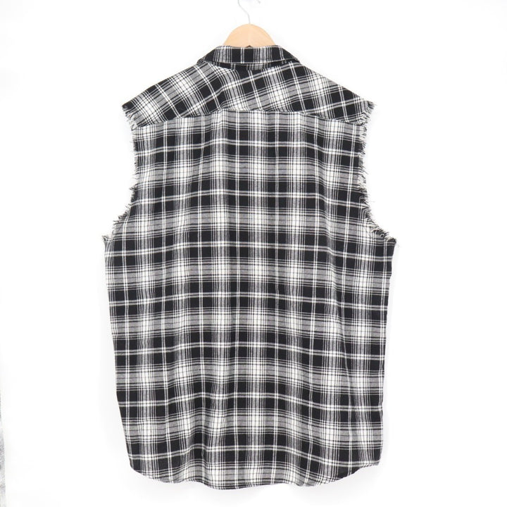 Logeeyar Flannel Shirt Men XL White Black Plaid Frayed Trim Sleeveless Button Up
