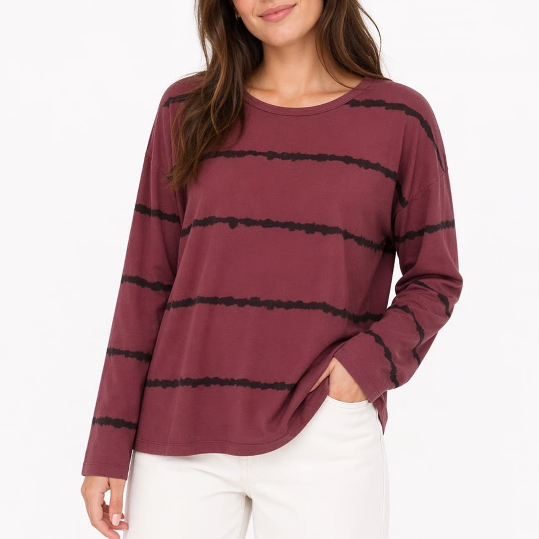Shein Shirt Women Large Maroon Black Wire Themed Stripes Stretch Long Sleeve Tee