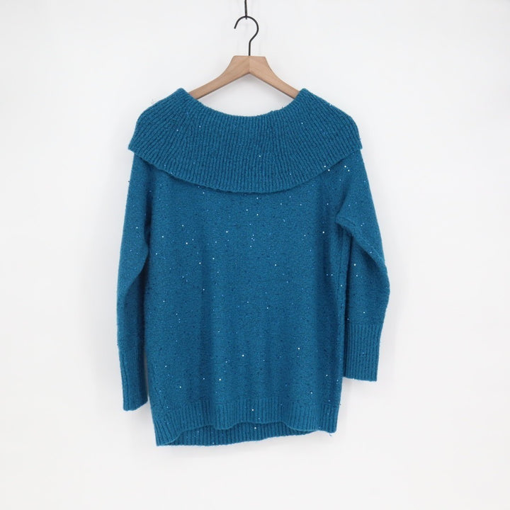 Chico's Sweater Womens Large Berry Blue Knit Sequin Cowl Neck Ribbed Outdoor