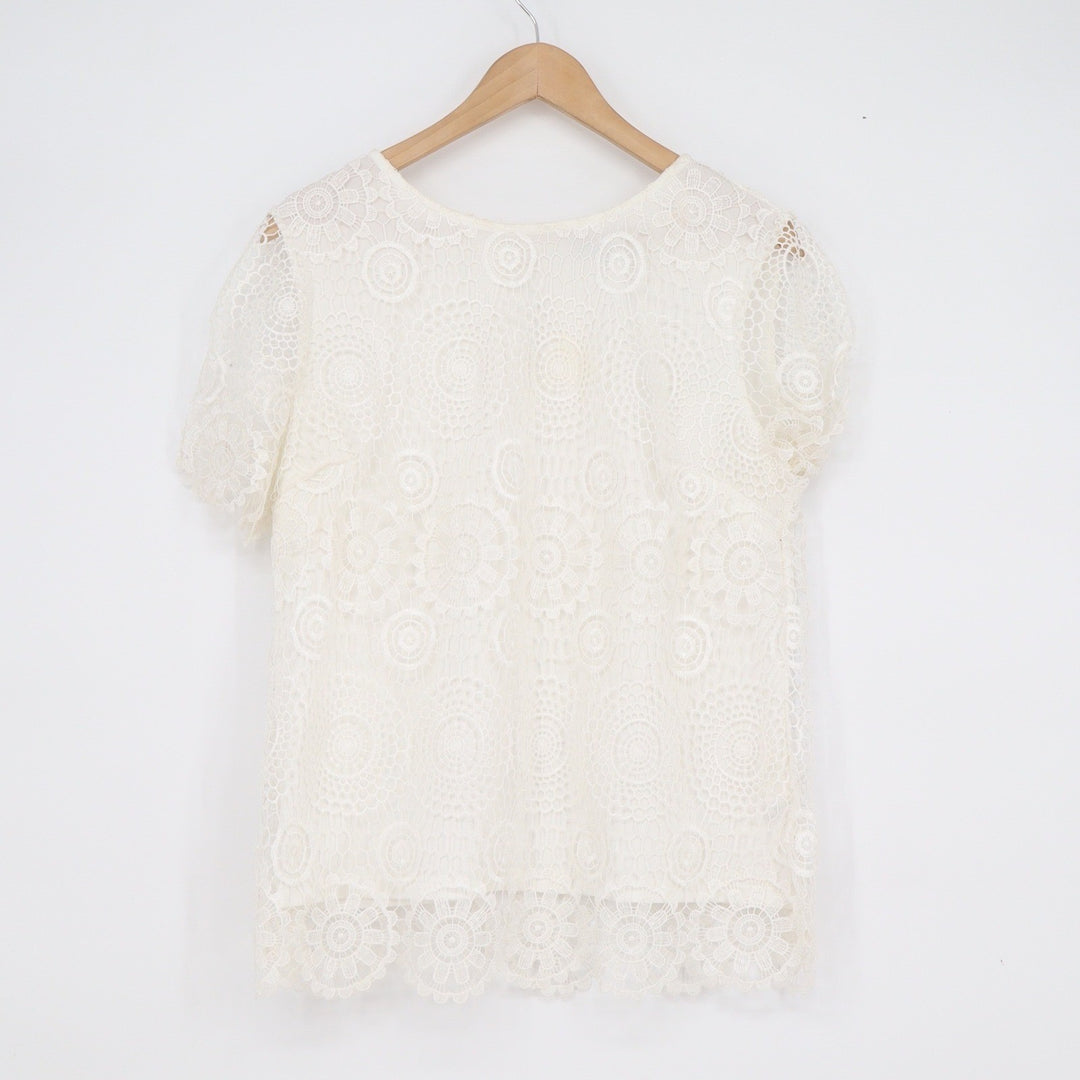 Vicki Wayne Womens Ivory Floral Medallion Lace Short Sleeve Blouse Large