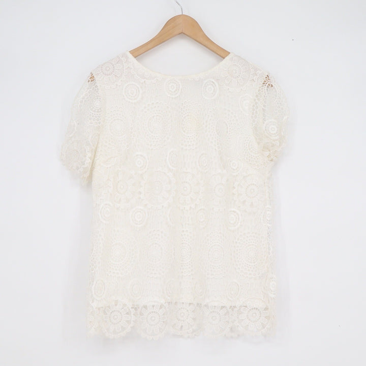 Vicki Wayne Womens Ivory Floral Medallion Lace Short Sleeve Blouse Large