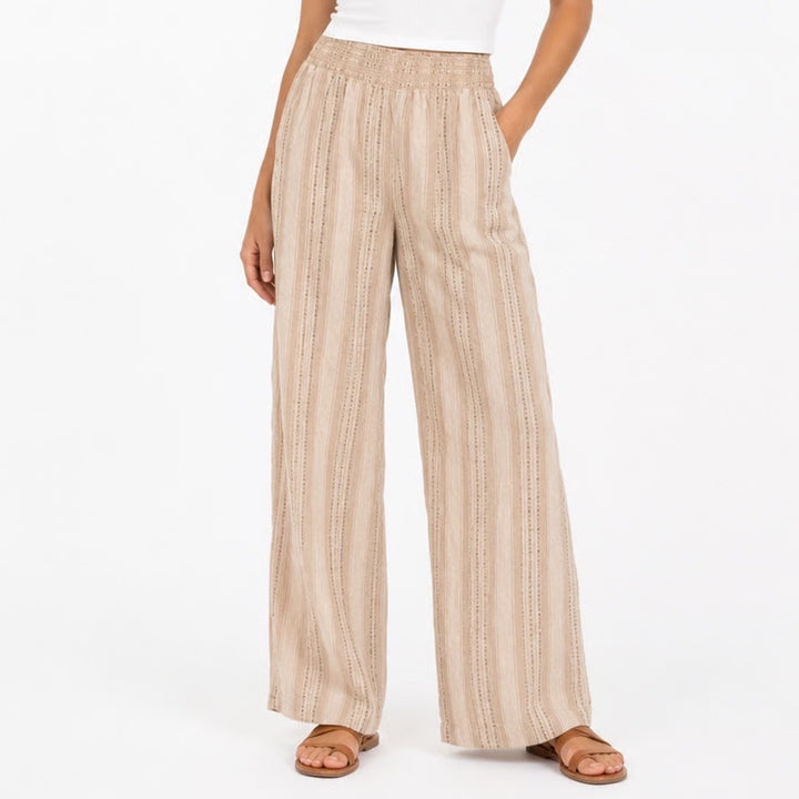 Briggs Womens Large Tan Striped Linen Blend Wide Leg Smocked Waist Pants