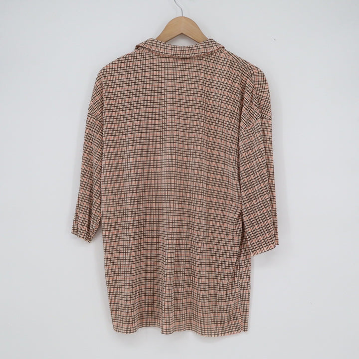 Topshop Womens Brown Orange Grid Check Plisse Button Up Shirt Size US 4-6