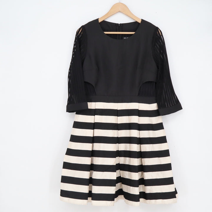 Flenkiy Black Striped Fit and Flare Dress XL Mesh 3/4 Sleeve Cut-Out Cocktail
