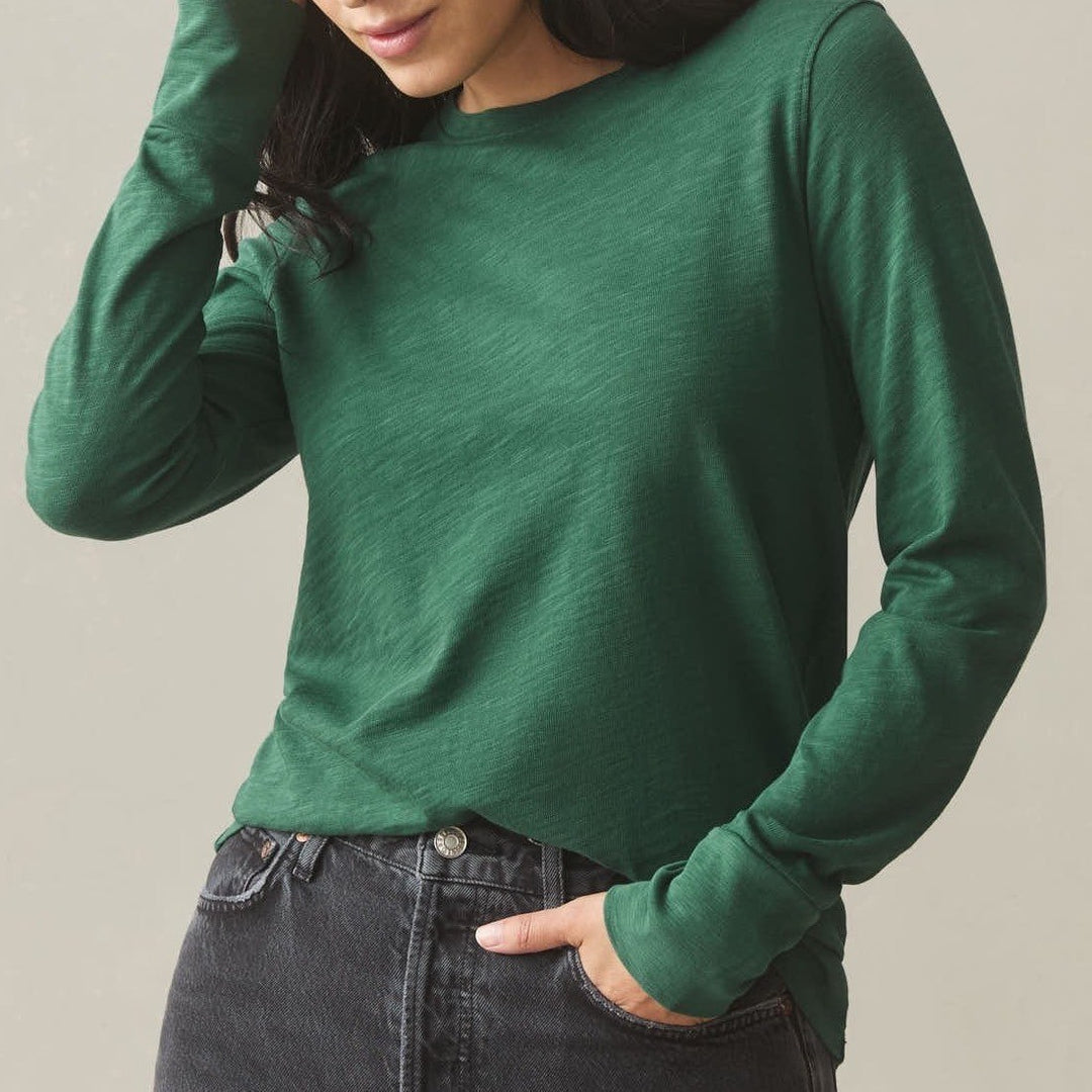 American Giant Premium Slub T-Shirt Womens L Green Cotton Crew Neck Long Sleeve