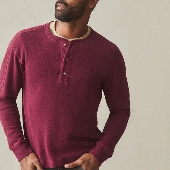 American Giant French Rib T-Shirt Mens S Red Henley Neck Long Sleeve Pullover