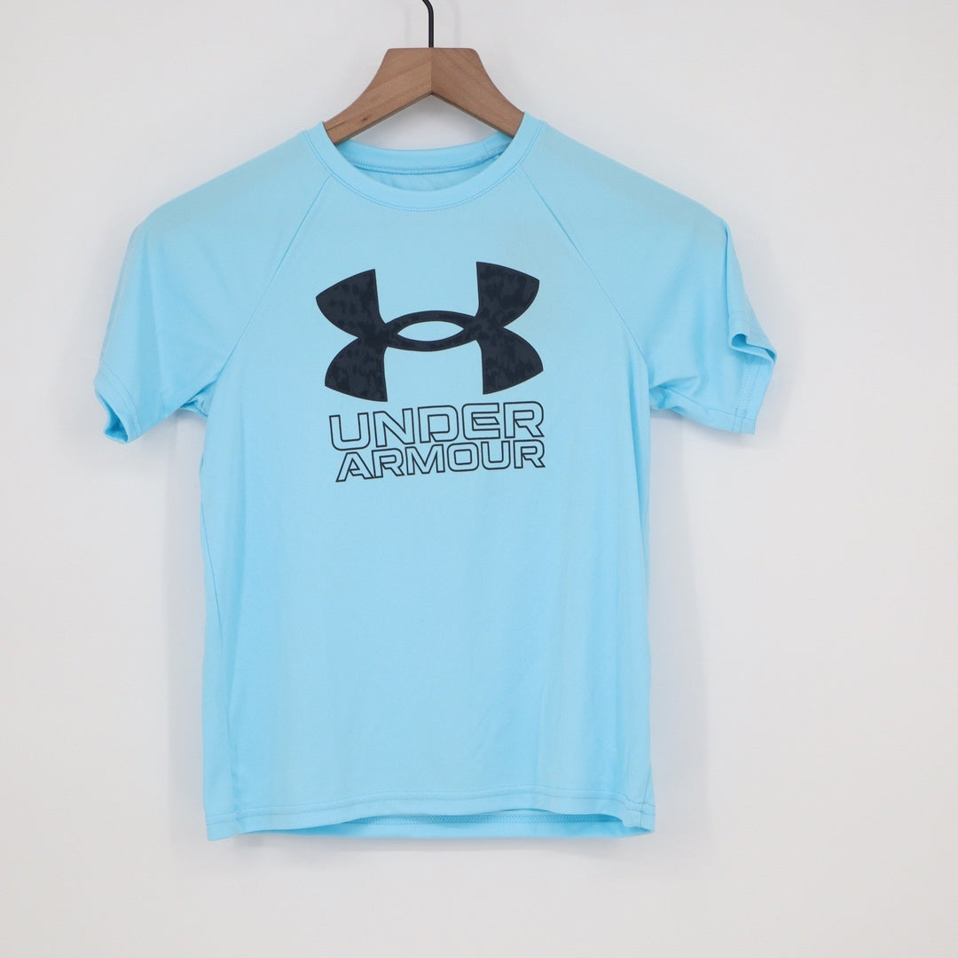 Under Armour Boys Tech Hybrid Print SS Shirt Blue Big Logo Youth Small