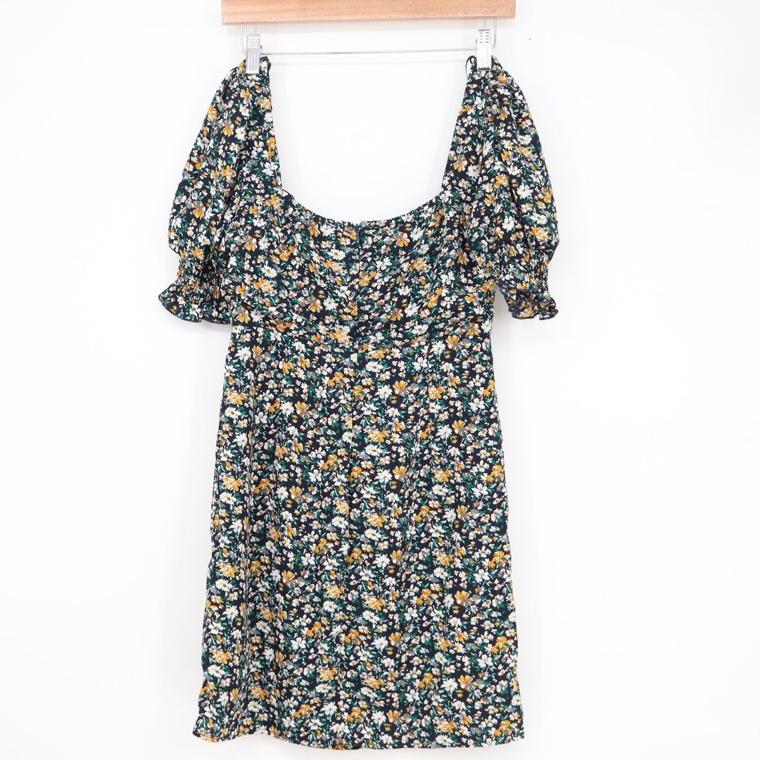 Shop Neighbor Floral Mini Dress Navy Gold Metallic Pinstripe Puff Sleeve Medium