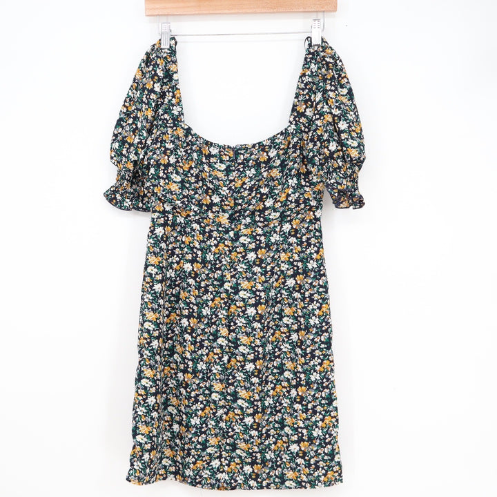 Shop Neighbor Floral Mini Dress Navy Gold Metallic Pinstripe Puff Sleeve Medium