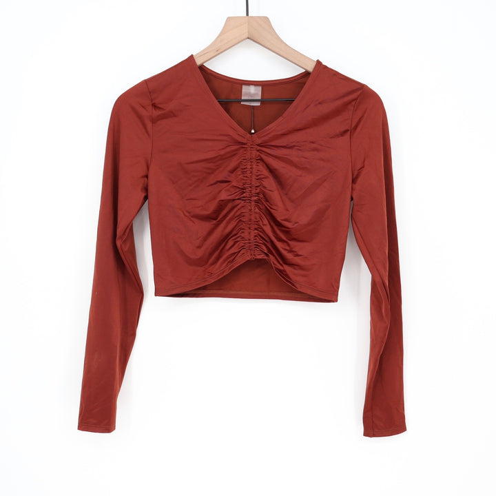 CALIA Womens Long Sleeve Ruched Rashguard Red Brown Shine UPF 50+ Small New