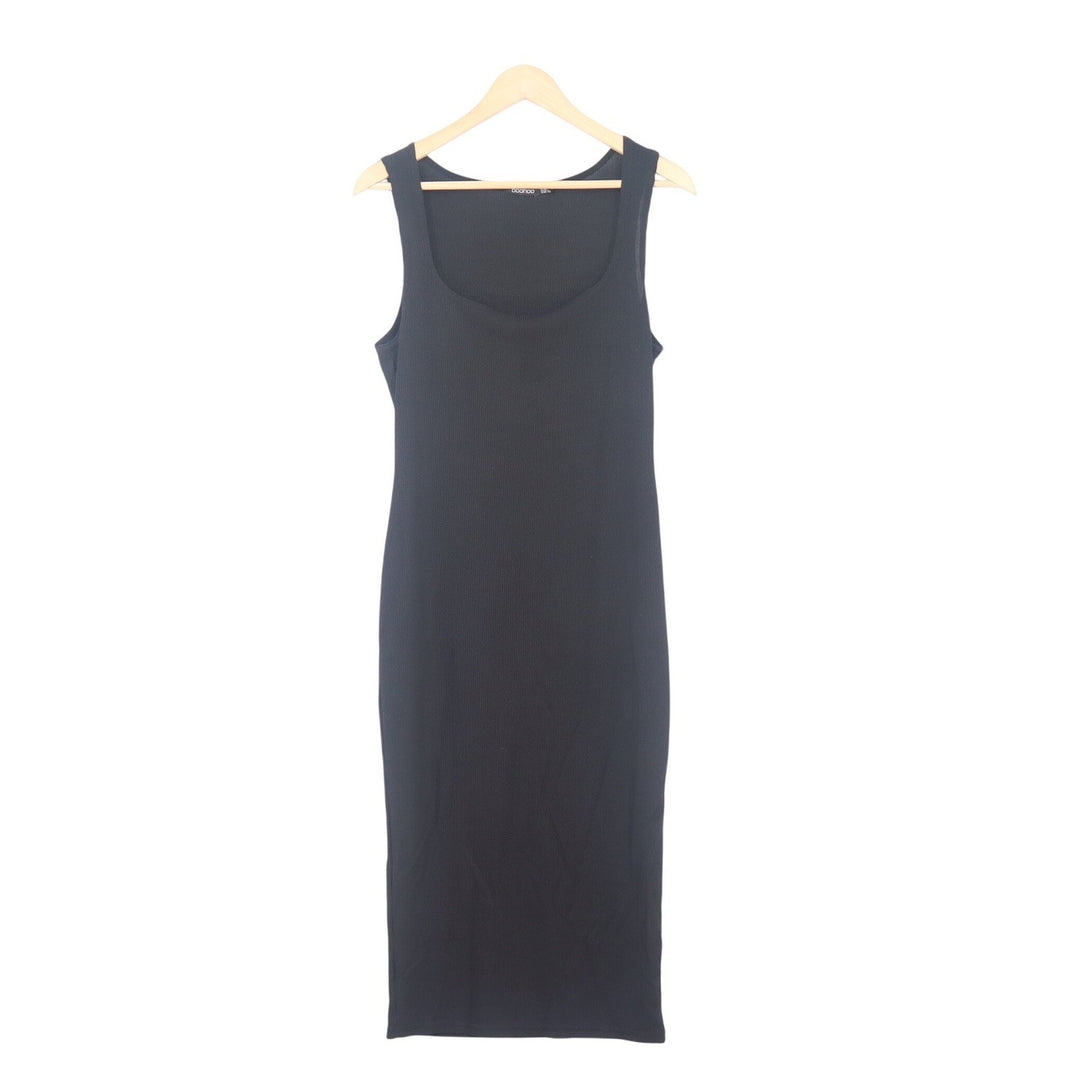 Boohoo Womens Black Ribbed Scoop Neck Sleeveless Bodycon Midi Tank Dress Size 12