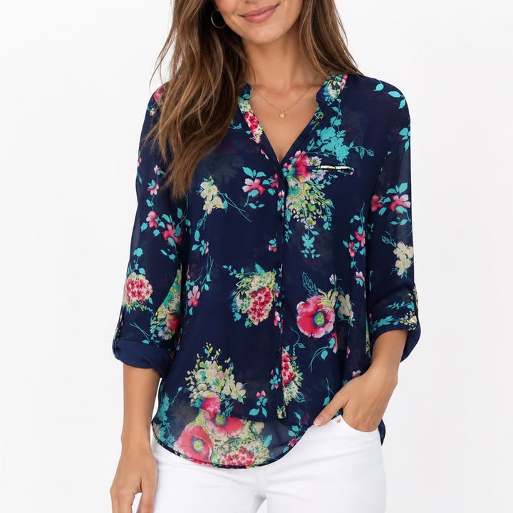 KUT from the Kloth Navy Floral Chiffon Blouse Long Sleeve High Low Top Large