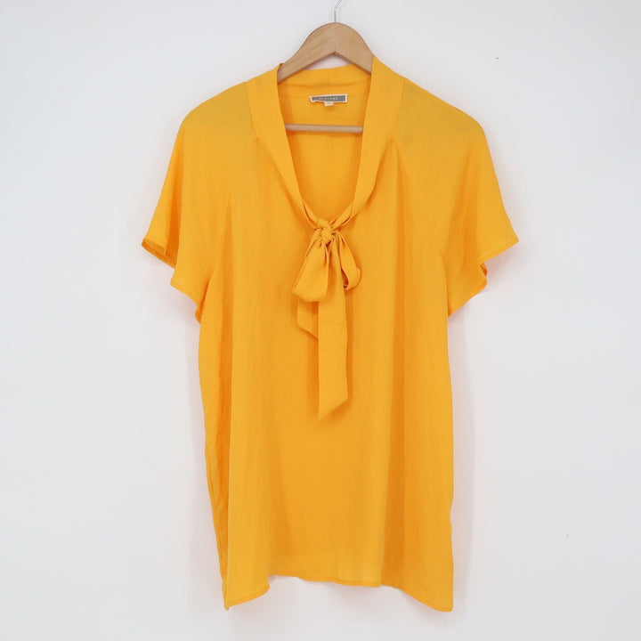 Pleione Blouse Womens L Yellow Tie Neck Short Sleeve Excellent