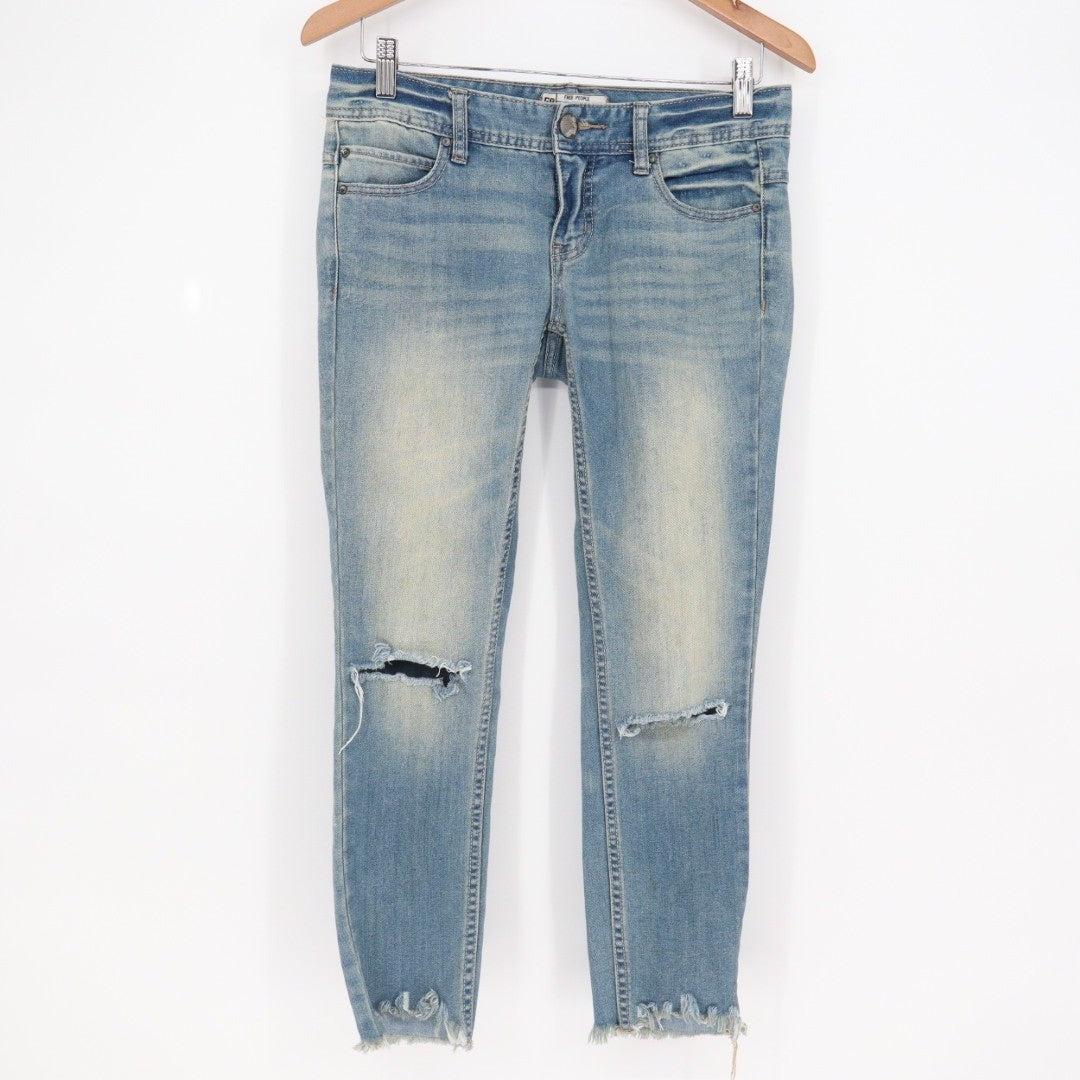 Free People Distressed Light Wash Denim Jeans W25 Ripped Raw Hem
