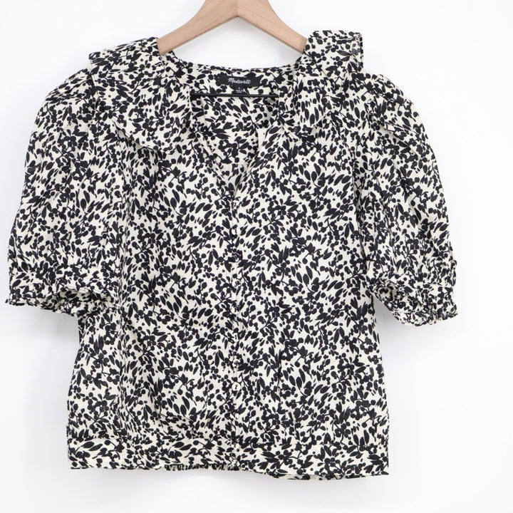 Madewell Top Womens Small Black White Floral Ruffled Button Front Puff Sleeve