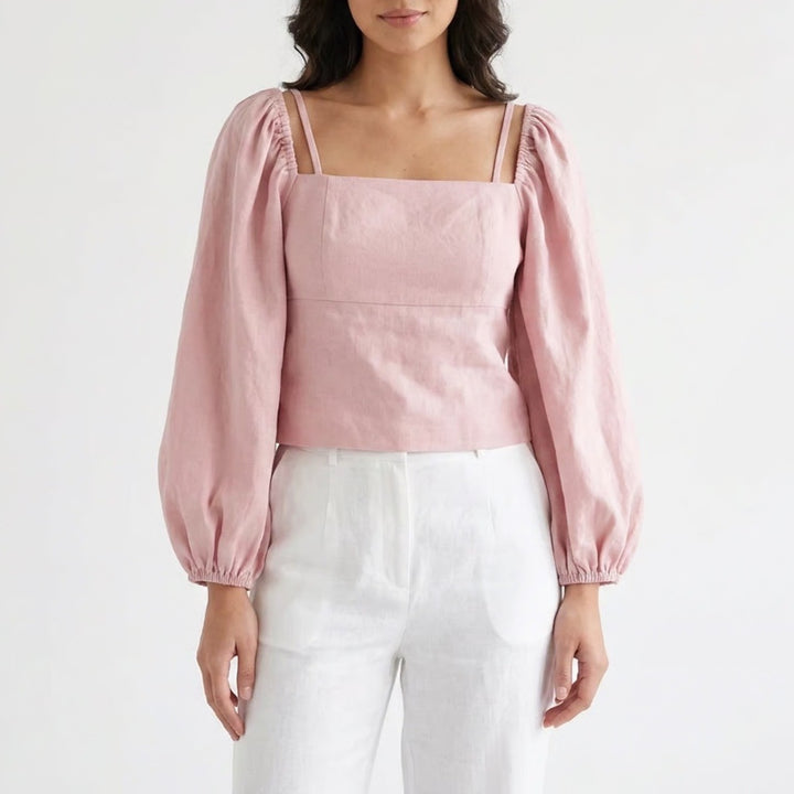 Aaron & Amber Pink Cotton Linen Puff Sleeve Lace Up Back Blouse Top Large
