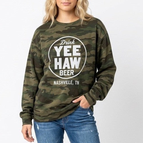 Independent Trading Co Sweatshirt Mens 2XL Multi Camo Yee-Haw Beer Crew Neck