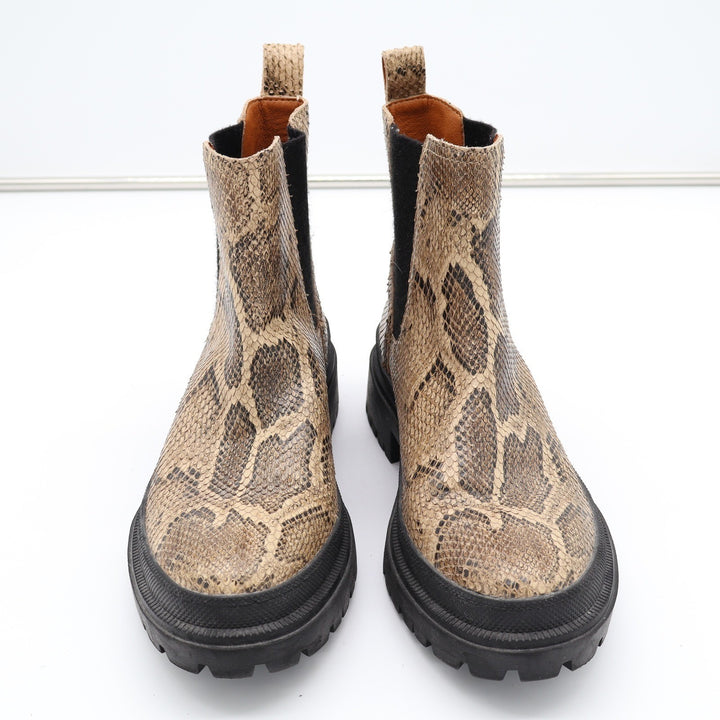 Lucky Brand Emali Snakeskin Leather Lug Sole Chelsea Boots Tan Brown 6.5