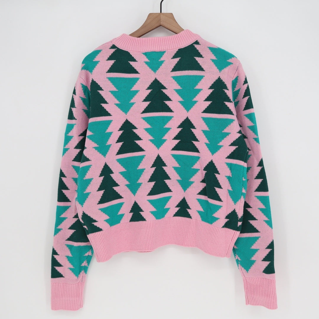 Grayson Threads Pink Teal Green Geometric Tree Knit Sweater Medium Holiday