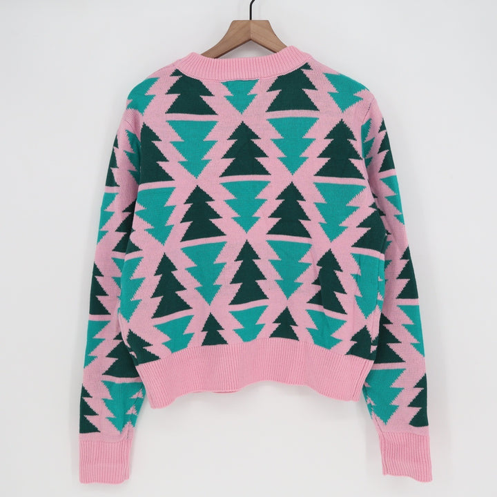 Grayson Threads Pink Teal Green Geometric Tree Knit Sweater Medium Holiday