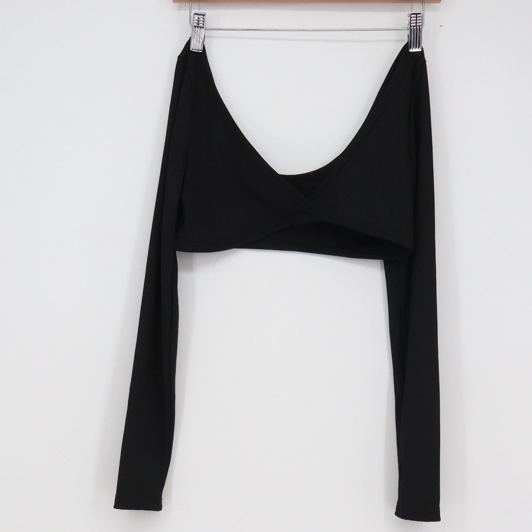 SHEIN Womens Black Ribbed Twist Front Long Sleeve Crop Top V-Neck Size S 4