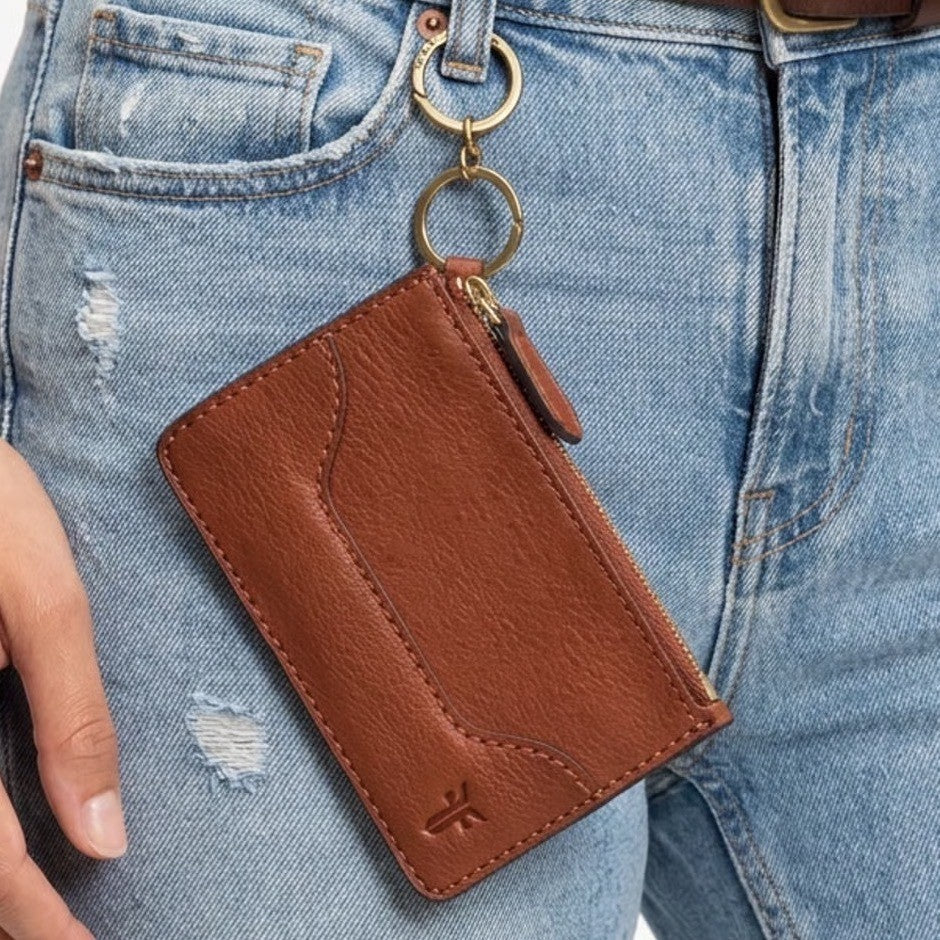 Frye Logan Cognac Brown Leather Zip Card Case Wallet with Key Ring