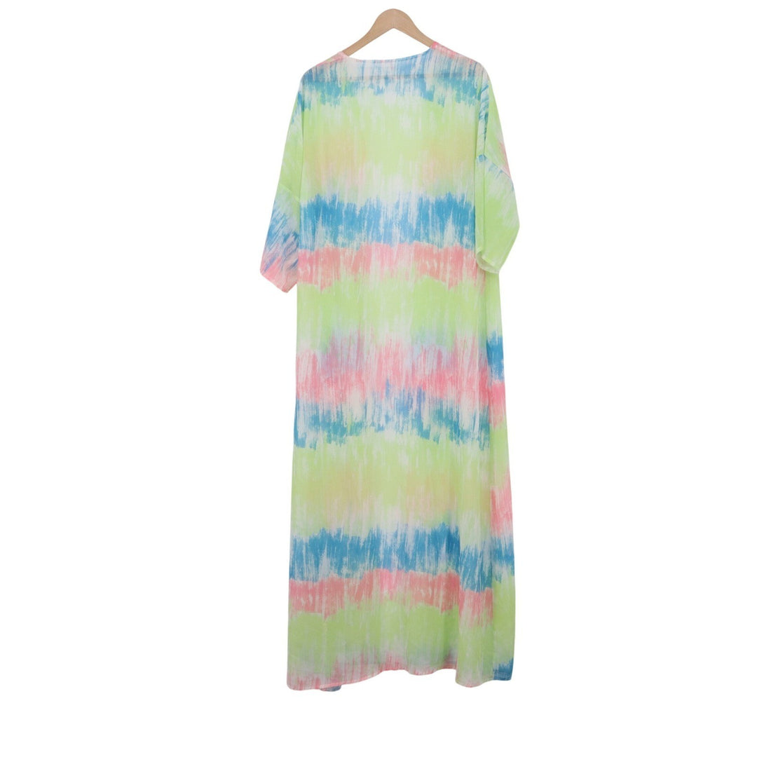 Multicolor Tie Dye Maxi Duster Cardigan Open Front Short Sleeve 2XL
