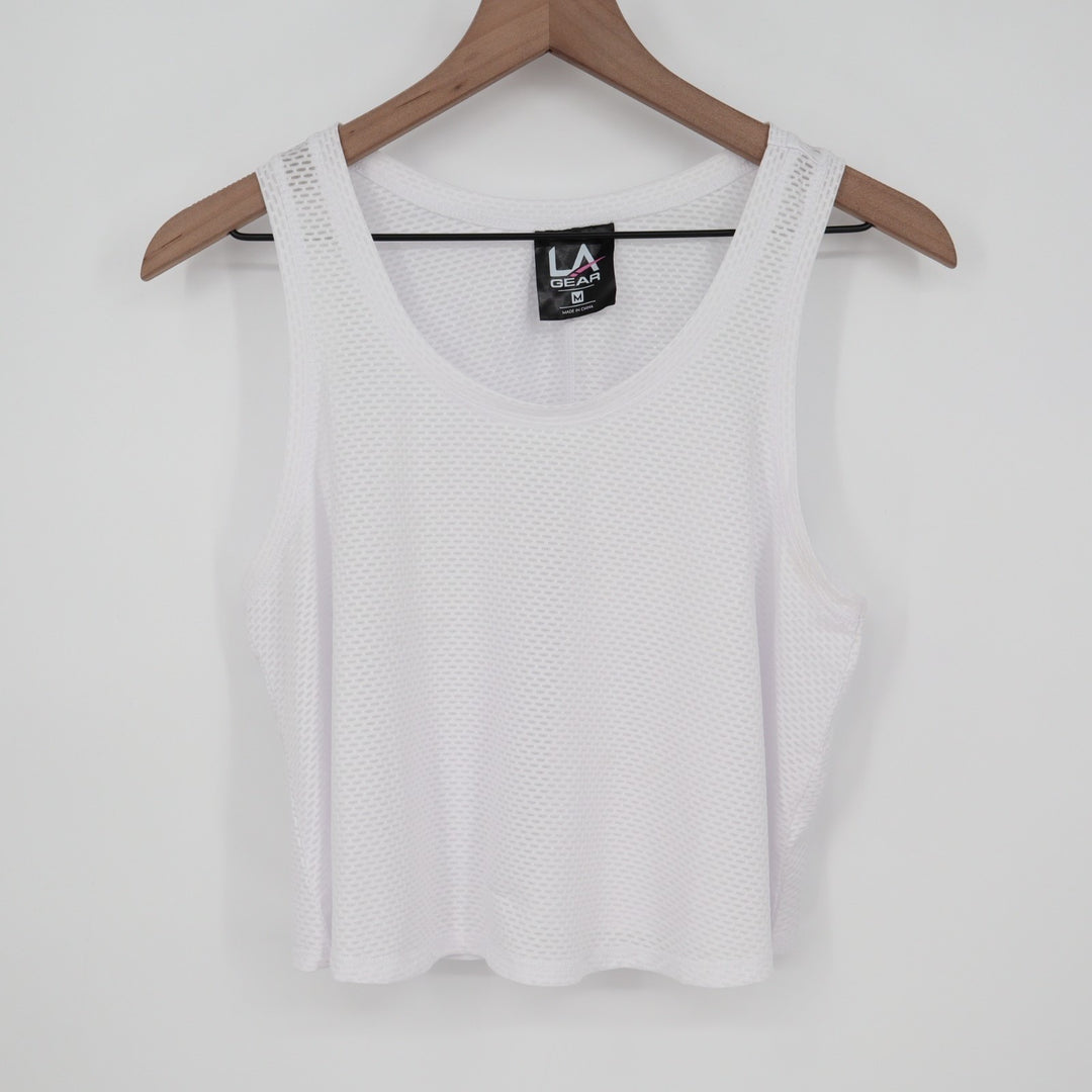 LA GEAR Crop Tank Top Women's Medium White Stretch Mesh Round Neck Pullover