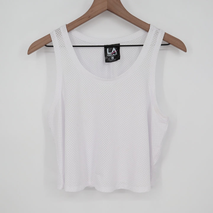 LA GEAR Crop Tank Top Women's Medium White Stretch Mesh Round Neck Pullover