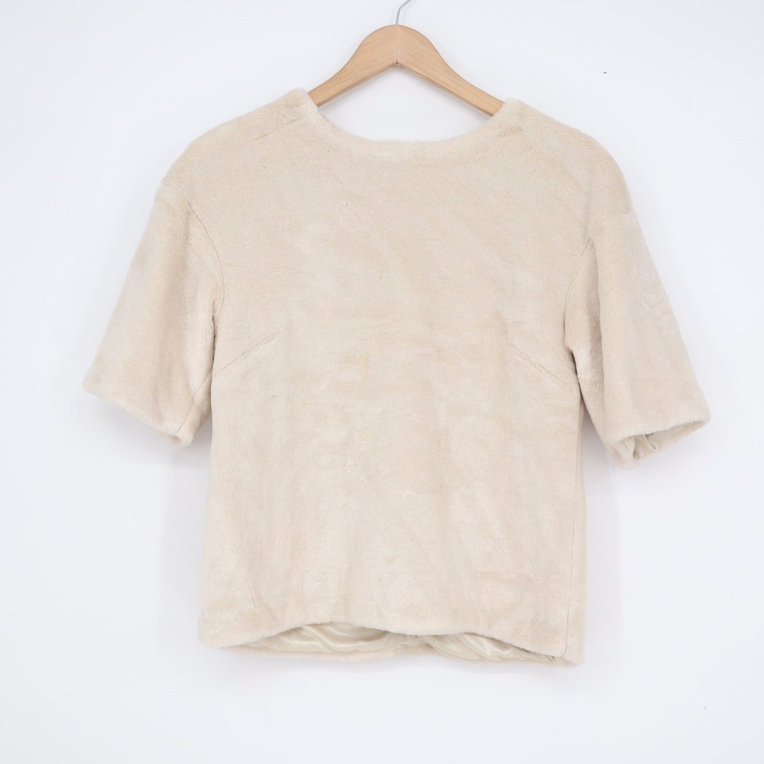H&M Cream Faux Fur Short Sleeve Top Back Zip Plush Blouse XS