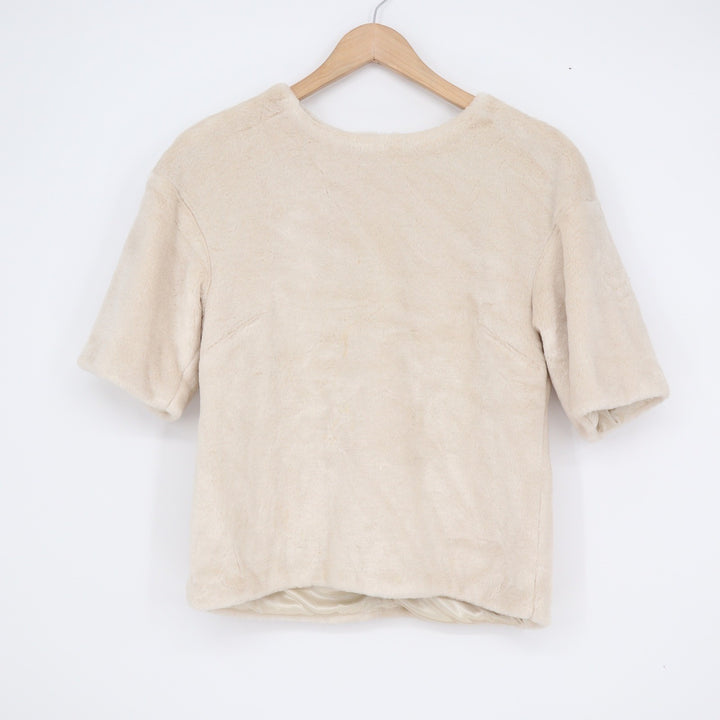 H&M Cream Faux Fur Short Sleeve Top Back Zip Plush Blouse XS