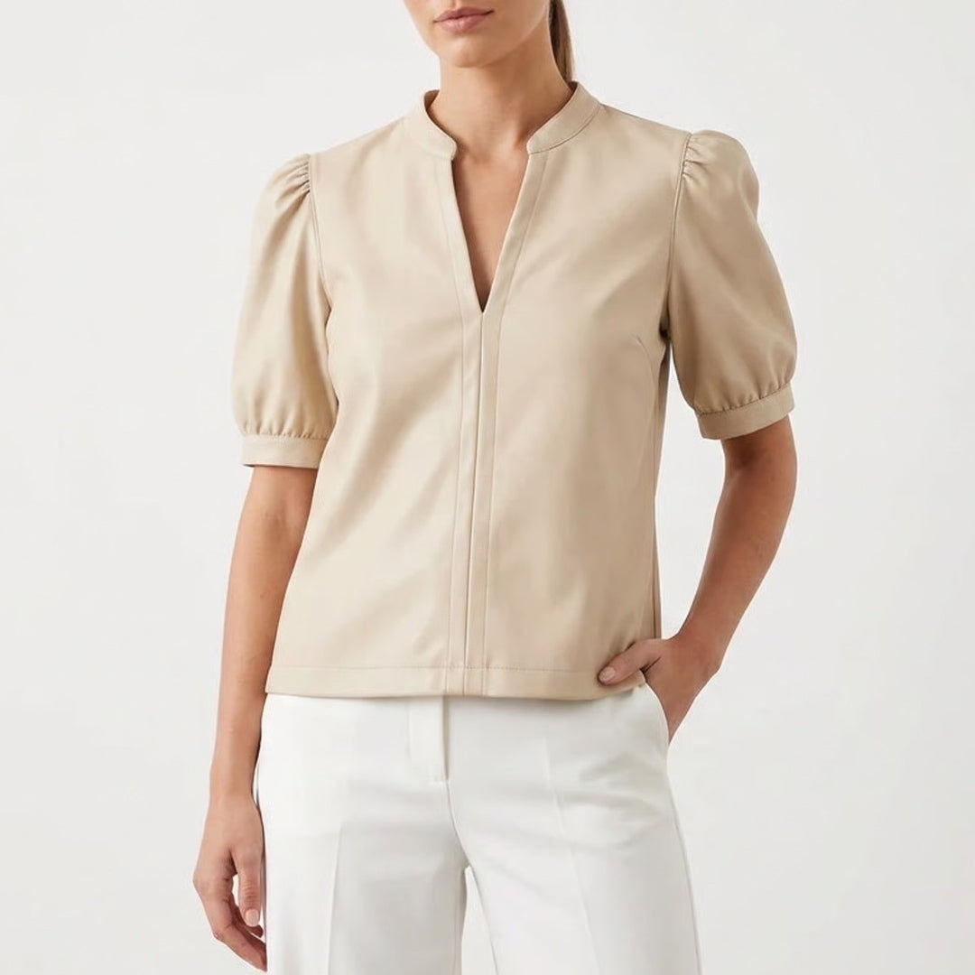 Steve Madden Jane V Neck Top Bone Beige Faux Leather Puff Sleeve Large
