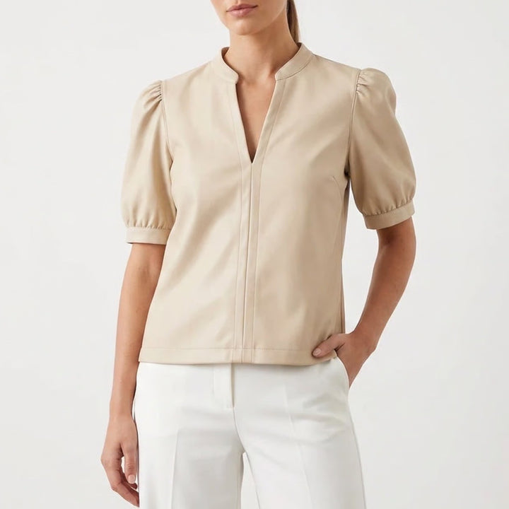 Steve Madden Jane V Neck Top Bone Beige Faux Leather Puff Sleeve Large
