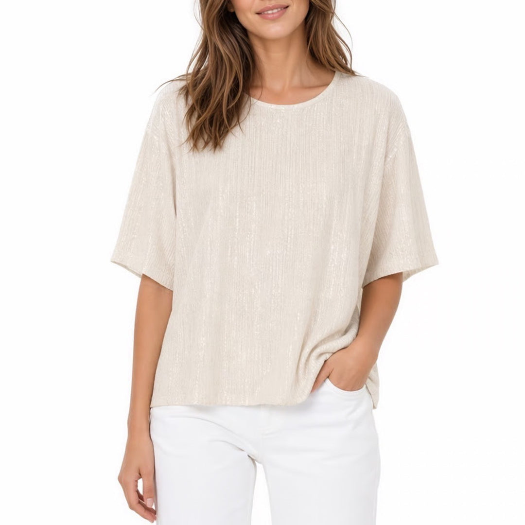 Evereve T Shirt Top Womens Large Beige Sequin Short Sleeve Crew Neck Pullover