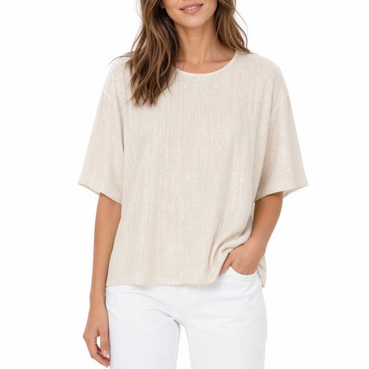 Evereve T Shirt Top Womens Large Beige Sequin Short Sleeve Crew Neck Pullover