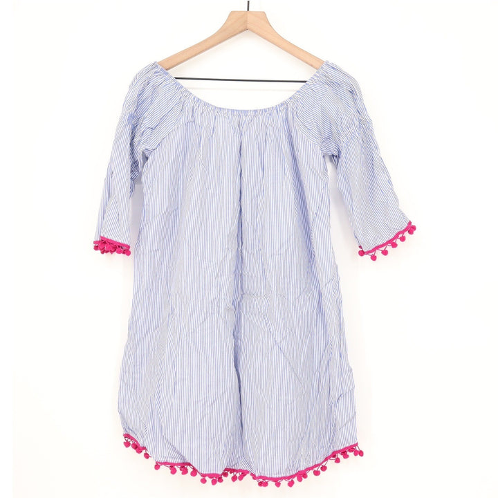 Rebellion Blue White Striped Off Shoulder Tunic Dress Pink Pom Pom Trim Medium